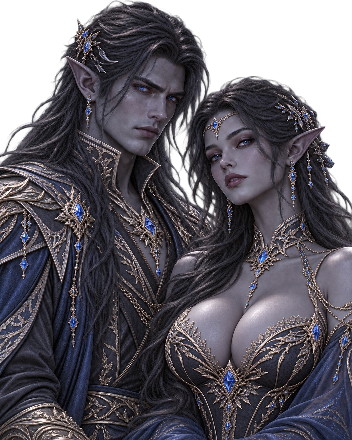 Un homme et une femme Elfes Noirs à la peau gris bleu sombre