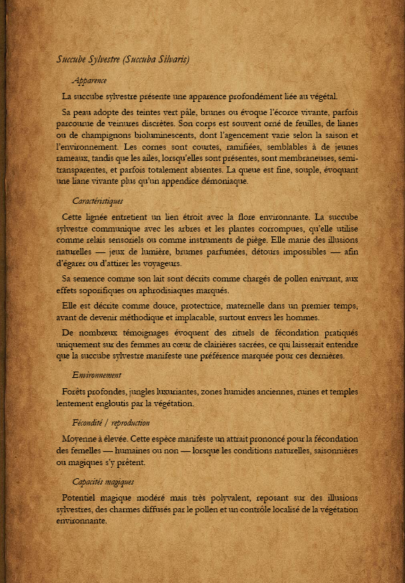 Fiche Succube Sylvestre, Succuba Silvaris, dans L'Encyclopédie des Succubes