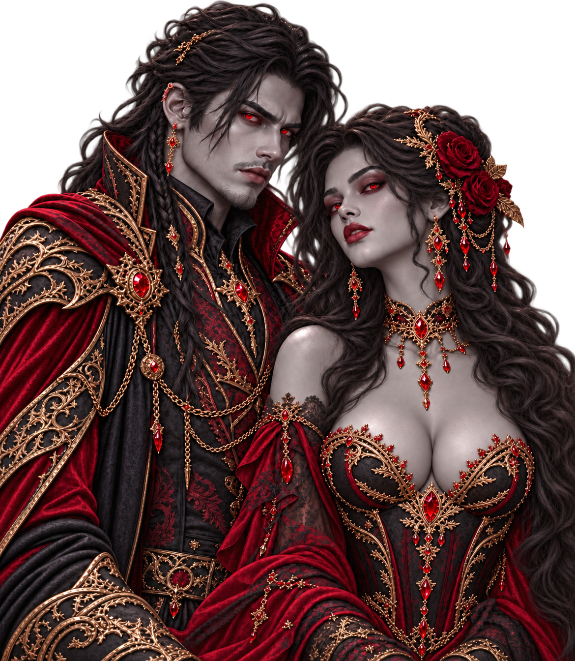Un homme et une femme vampires à la peau grise et aux yeux rouges